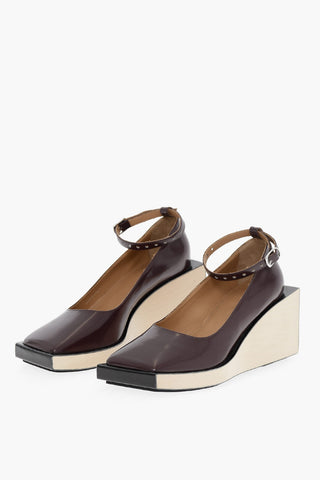 MM22 Patent Leather Ankle Strap Wedge with Wood Sole 7cm
