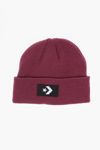 Beanie in Tinta Unita con Patch Logo a Contrasto