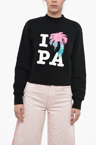 Brushed Cotton Printed Cropped Crewneck Sweatshirt