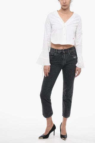 비대칭 크롭 블라우스 BASEBALL 벨 소매