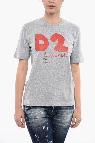 Crew Neck Cotton Blend T-Shirt with Monogram Print