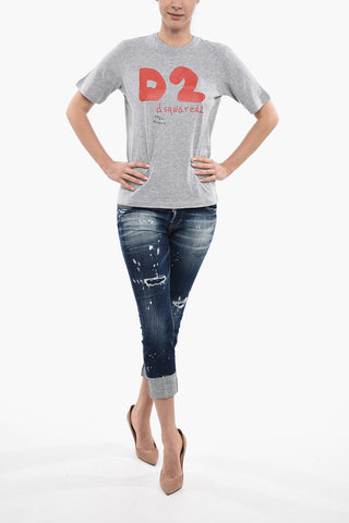 Crew Neck Cotton Blend T-Shirt with Monogram Print