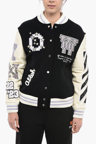 Embroidered Varsity Bomber With Leather Sleeves