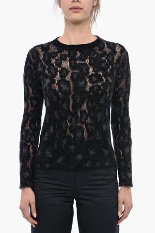 Crew Neck Animal Patterned Cashmere Blend Sweater