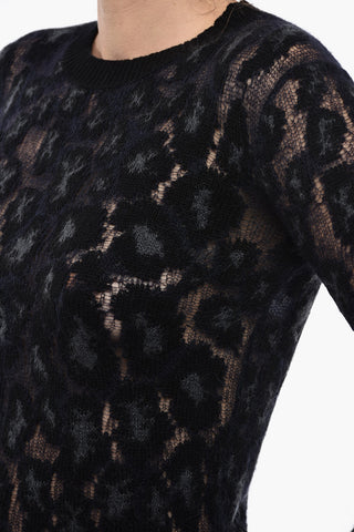 Crew Neck Animal Patterned Cashmere Blend Sweater