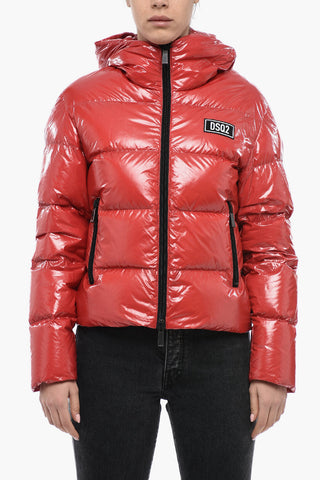 Varnish Effect Down Jacket with Logo Patch