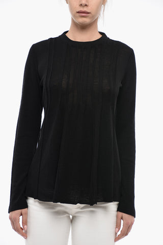Crew Neck Wool Sweater with Flared Sleeves and Bottom