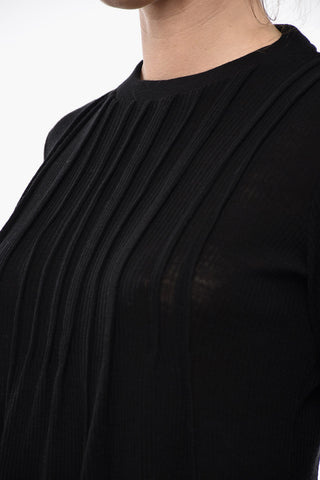 Crew Neck Wool Sweater with Flared Sleeves and Bottom