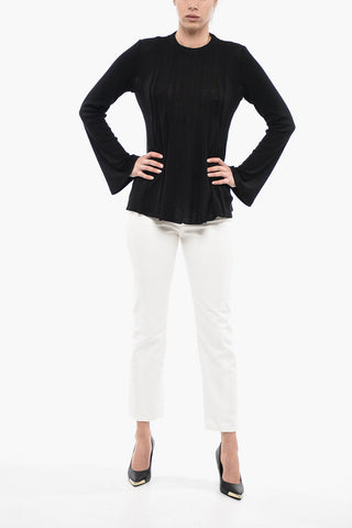 Crew Neck Wool Sweater with Flared Sleeves and Bottom