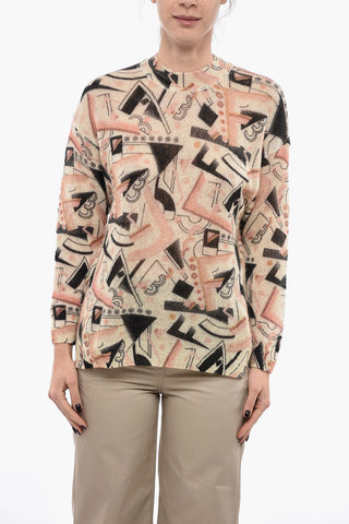 Crew Neck Mohair Blend Sweater with Abstract Motif