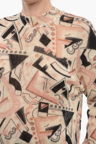 Crew Neck Mohair Blend Sweater with Abstract Motif