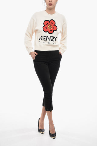 Crew Neck Cotton Blend Sweater with Logo