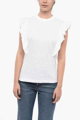 Crew Neck Stretch Cotton T-Shirt with Ruffled Sleeves