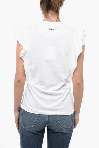 Crew Neck Stretch Cotton T-Shirt with Ruffled Sleeves