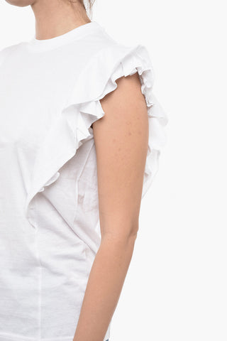 Crew Neck Stretch Cotton T-Shirt with Ruffled Sleeves