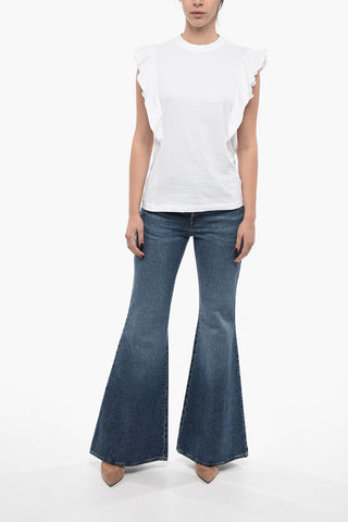 Crew Neck Stretch Cotton T-Shirt with Ruffled Sleeves