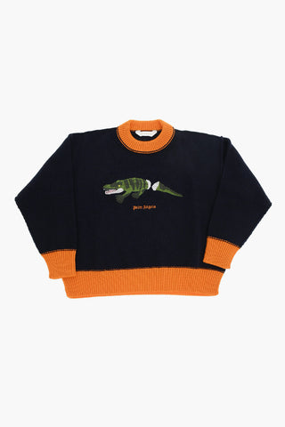Virgin Wool Crew-neck Sweater with Crocodile Embroidery