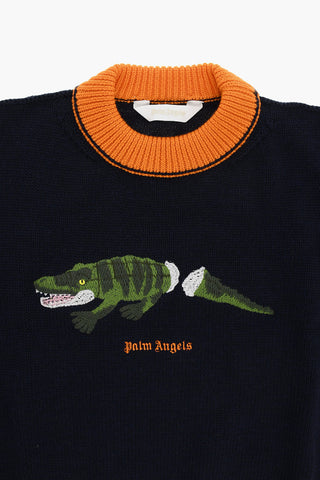 Virgin Wool Crew-neck Sweater with Crocodile Embroidery