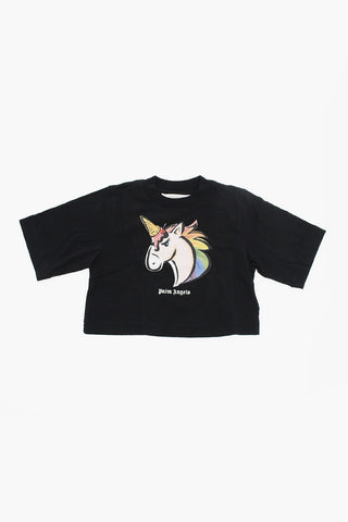 T-shirt Girocollo UNICORN Crop con Stampa Glitter