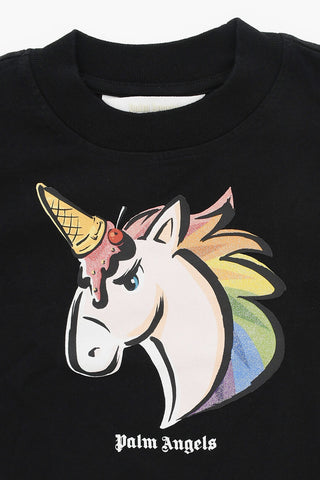T-shirt Girocollo UNICORN Crop con Stampa Glitter