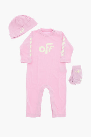 Solid Color Jumpsuit Beanie and Socks Set with Printed Logo