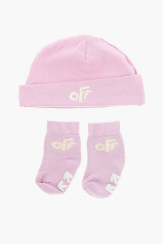 Solid Color Jumpsuit Beanie and Socks Set with Printed Logo