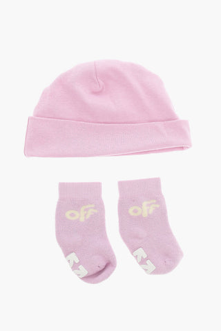 Solid Color Jumpsuit Beanie and Socks Set with Printed Logo