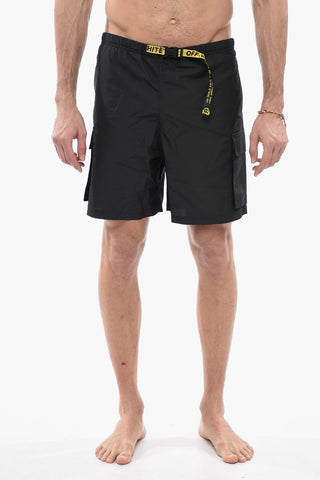 Solid Color Cargo Swim Shorts with Industrial Belt
