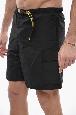 Solid Color Cargo Swim Shorts with Industrial Belt