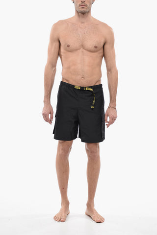Solid Color Cargo Swim Shorts with Industrial Belt