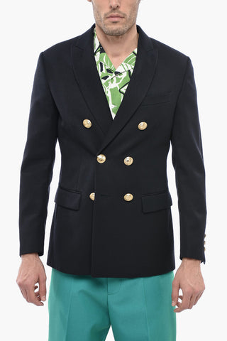 Wool Blend Double-breasted Blazer with Palm Embroidery