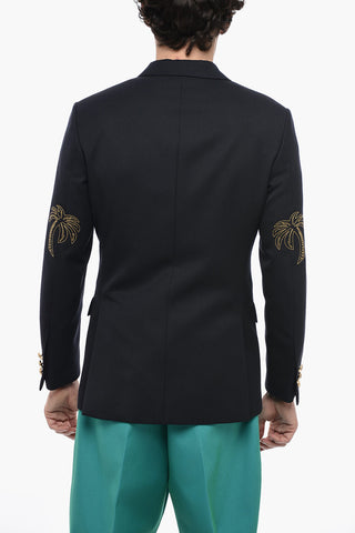 Wool Blend Double-breasted Blazer with Palm Embroidery