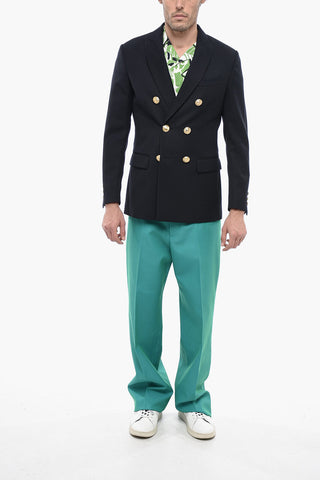 Wool Blend Double-breasted Blazer with Palm Embroidery