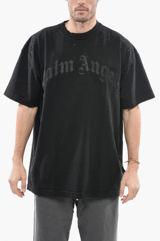 Distressed Effect Crew-neck T-Shirt with Glittery Logo