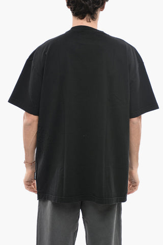 Distressed Effect Crew-neck T-Shirt with Glittery Logo