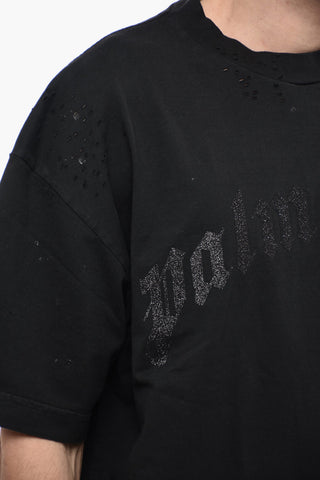 Distressed Effect Crew-neck T-Shirt with Glittery Logo