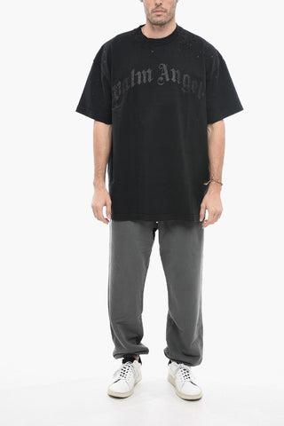 Distressed Effect Crew-neck T-Shirt with Glittery Logo