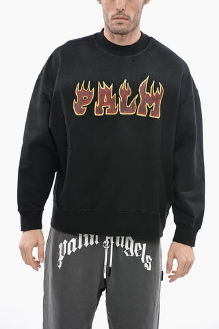 Crew-Neck Distressed Sweatshirt witth Flames Logo