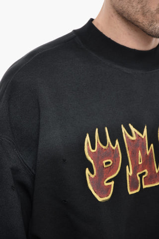 Crew-Neck Distressed Sweatshirt witth Flames Logo