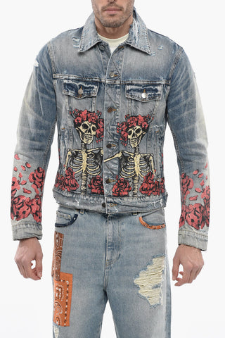 Distressed Denim Jacket with Skulls Print