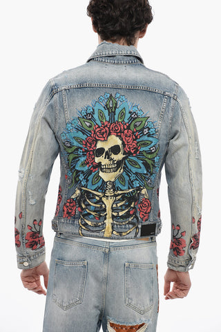 Distressed Denim Jacket with Skulls Print