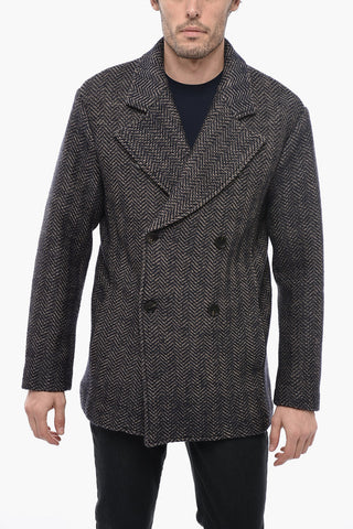 Wool Blend Double-breasted Coat with Herringbone Pattern
