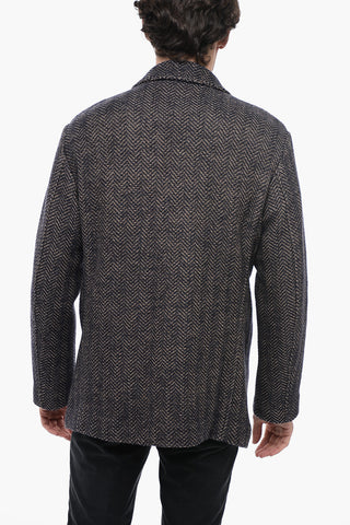 Wool Blend Double-breasted Coat with Herringbone Pattern