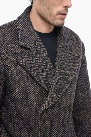 Wool Blend Double-breasted Coat with Herringbone Pattern