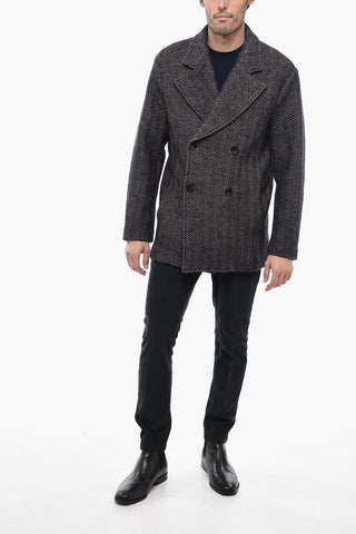 Wool Blend Double-breasted Coat with Herringbone Pattern