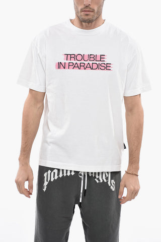 Solid Color TROUBLE PARADISE Crew-neck T-Shirt with Contrasting Detail