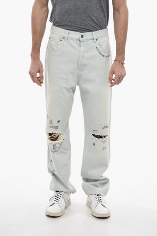 Wide-leg Distressed Denims with Delavé Effect and Lettering