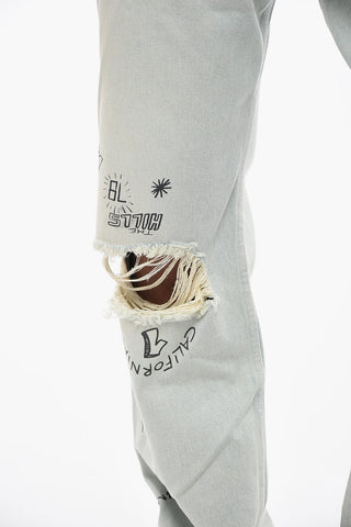 Wide-leg Distressed Denims with Delavé Effect and Lettering