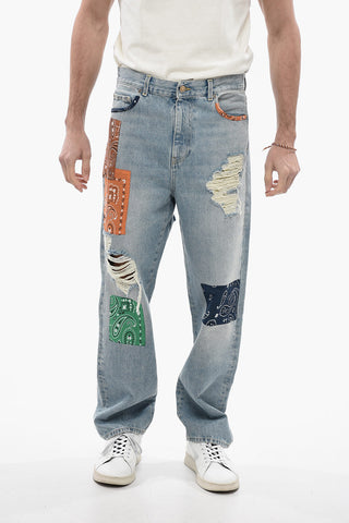 Distressed Denim Baggy Jeans with Bandana Patches 21cm