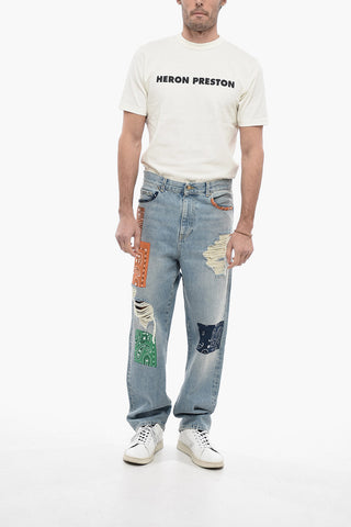 Distressed Denim Baggy Jeans with Bandana Patches 21cm